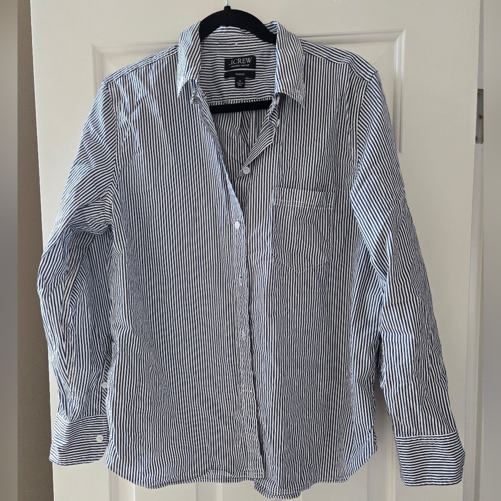 J. crew White Blue Striped Long Sleeve Button Down Classic Shirt Size 14